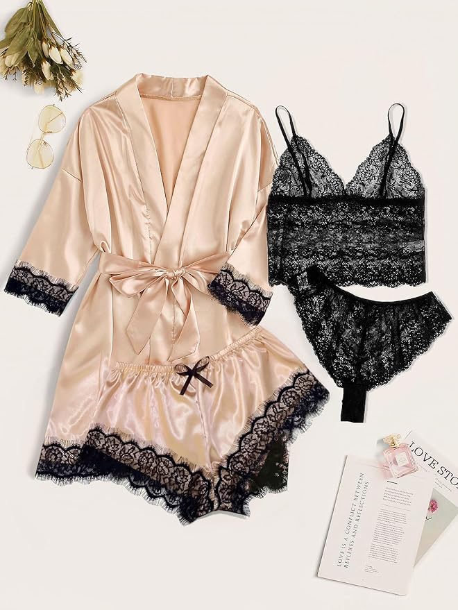 WDIRARA Women' Silk Satin Pajamas Set 4pcs Lingerie Floral Lace Cami Sleepwear with Robe