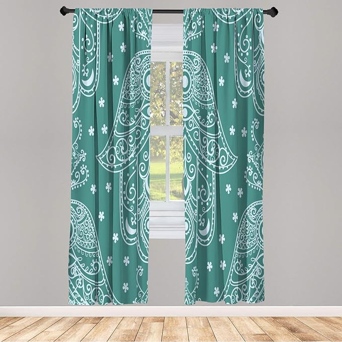 Lunarable Hamsa Window Curtains, Egyptian Boho Hand Shape Pattern Eye Design Bridal Night Inspired Art, Lightweight Decorative 2-Panel Set & Rod Pocket, Pair of - 28" x 95", Jade Green