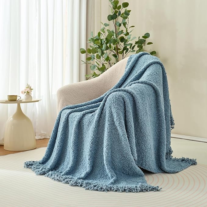 Throw Blanket for Couch, Dusty Blue Luxury Knitted Throws 50"x60", Textured Blankets with Handmade Fringe Tassels for Bed Sofa Decorative, Chunky Soft Farmhouse Boho Home Decor