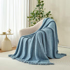 Throw Blanket for Couch, Dusty Blue Luxury Knitted Throws 50"x60", Textured Blankets with Handmade Fringe Tassels for Bed Sofa Decorative, Chunky Soft Farmhouse Boho Home Decor