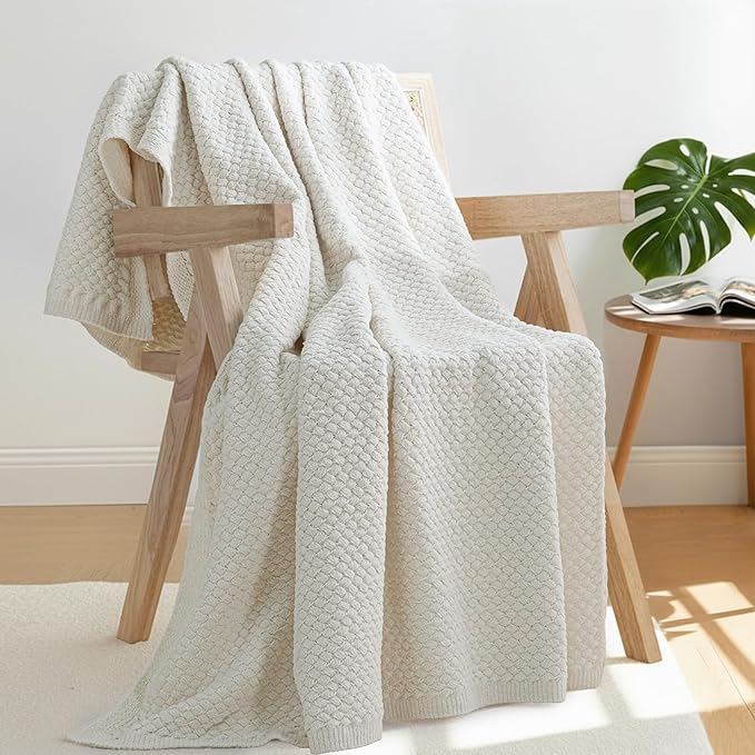 Whale Flotilla Chunky Knit Throw Blanket for Couch and Bed, Ivory Decorative Cozy Fleece Blanket, Reversible Soft Fuzzy Woven Throws, 60x80 Inch