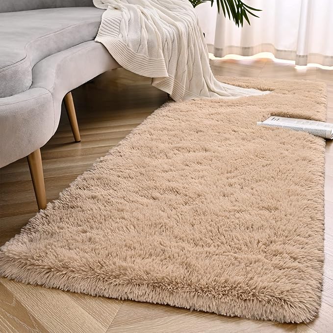 Beige Runner Area Rugs for Bedroom Living Room, 2x6 Feet Fluffy Bedside Rugs, Soft Shaggy Carpet Rug for Kids Room Nursery, Furry Cute Rugs for Girls Boys Dorm Room Home Decor