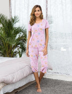 Ekouaer Women's Sleepwear Capri Pajama Sets Short Sleeve Two-Piece Pjs V Neck Tops & Capri Pants with Pockets S-3XL