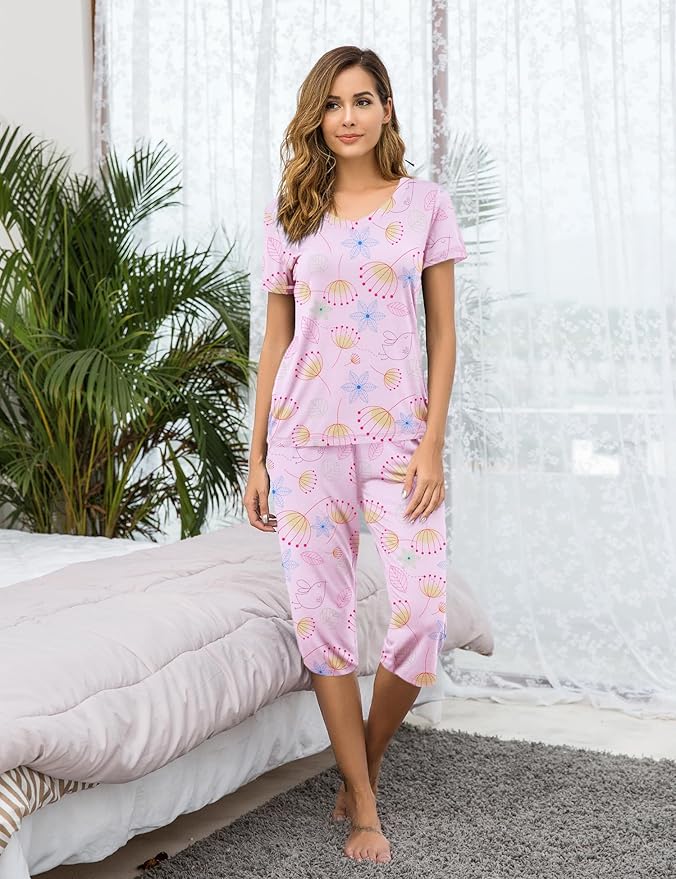 Ekouaer Women's Sleepwear Capri Pajama Sets Short Sleeve Two-Piece Pjs V Neck Tops & Capri Pants with Pockets S-3XL