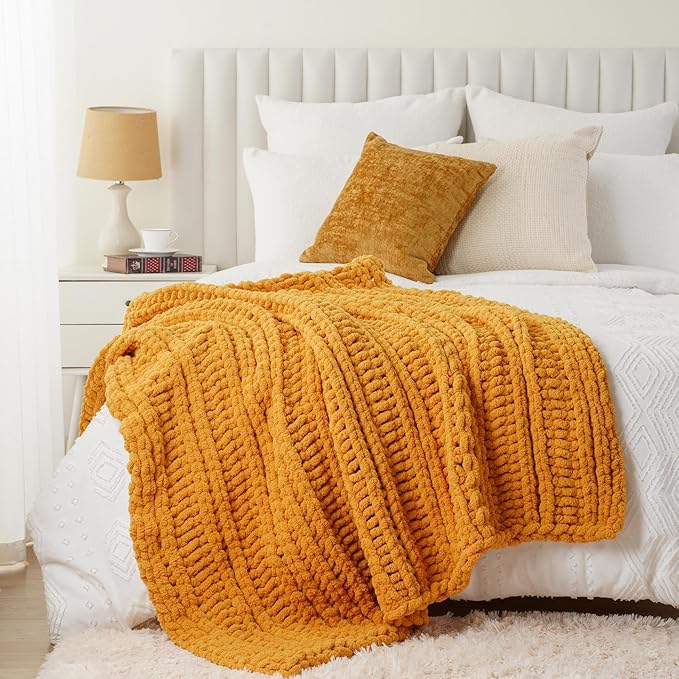 Battilo Mustard Yellow Throw Blanket for Couch, Chunky Knit Throw Blanket, 50"x60", Gold Fall Throw, Super Soft Cozy Warm Chenille Knit Blankets for Bed, Sofa, Living Room