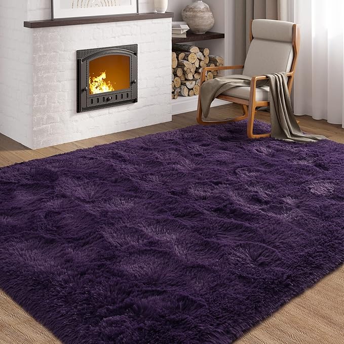 Softlife Dark Purple Area Rug for Living Room, Fluffy Shag Plush 5.3x7.6 Rugs for Bedroom Girls, Shaggy Soft Fuzzy Kids Large Carpet for Dorm Bedside Ultra Cozy Non-Slip Indoor Decor