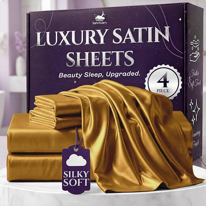 SLEEP SANCTUARY Satin Sheets Queen Size – 4 Piece Luxury Silky Bed Set, Softer Than Silk, 15" Deep Pocket, Cooling & Wrinkle-Free, Moisture-Wicking & Breathable for Hair & Skin (Gold)