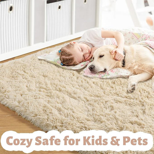 Amdrebio Beige Area Rugs for Bedroom Kids Room, 5x7 Fluffy Plush Shag Furry Cute Rug for Living Room Decor Aesthetic, Soft Shaggy Fuzzy Neutral Tan Carpet for Teens Baby Nursery Playroom Preppy Dorm