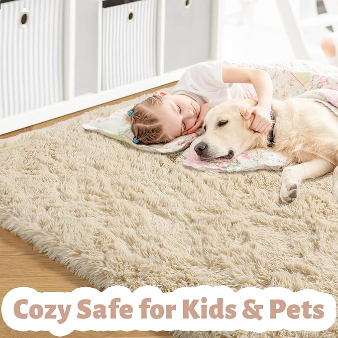 Amdrebio Beige Area Rugs for Bedroom Kids Room Decor, Fluffy Plush Shaggy Furry Fuzzy Small Rug 3x5 for Home Office Preppy Dorm, Soft Cute Shag Neutral Tan Carpet for Teens Baby Nursery Playroom