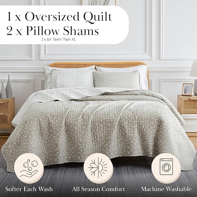 Southshore Fine Living, Inc. Oversized Bedspread, Geometric Bedding, Twin XL Quilt Set, Lightweight Coverlet 2-Piece Set with One Matching Quilted Pillow Sham, Twin/XL Bedspreads for Adult, Taupe