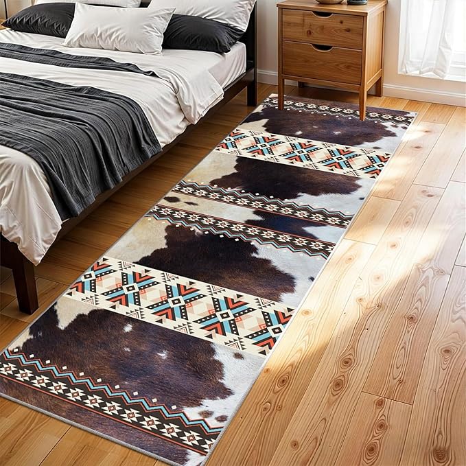 Western Rugs for Kitchen,3x12ft,Long Hallway Cow Print Rug,Western Country Farm Decor Entryway Runner Rugs,Non-Slip Washable Southwest Aztec Rugs,for Bedside Bedroom Entrance Carpet