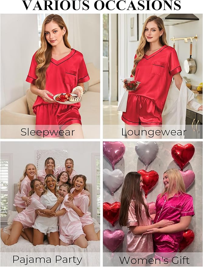 Silk Pajamas for Women Short Sleeve Satin 2 Piece Pj Set Soft V Neck Sleepwear Loungewear, S-XXL