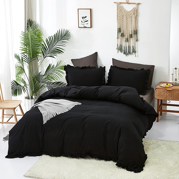 CLOTHKNOW Black Queen Comforter Set 3Pcs Ruffle Bedding Comforter Sets Shabby Chic Comforter Queen with 2 x Pillow Cases Farmhouse Bedding