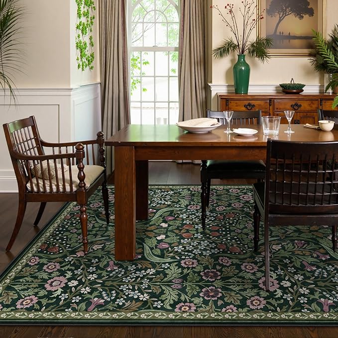 Lahome Claude Floral Living Room Rug, 6x9 Soft Washable Rugs for Bedroom, Thin Green Area Rug for Dining Room, Non Shedding Print Carpet for Guestroom