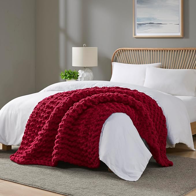 Madison Park Chenille Chunky Knit Handmade Throw Blanket, Luxuriously Soft Gift Blankets, Cottage Style Room Décor, Lightweight & Breathable All Seasons Throw Blanket for Couch, 50" W x 60" L Red