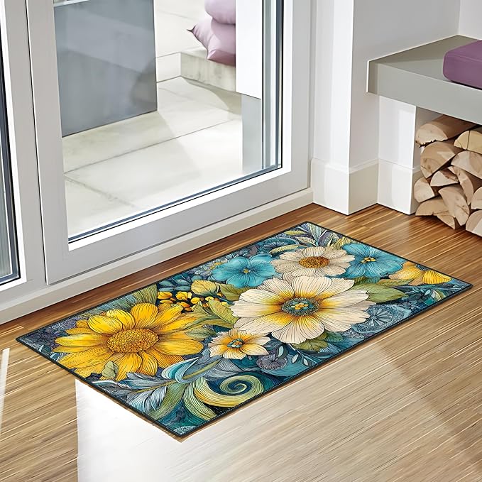 Flower Area Rug 2x3 ft Entry Rug Washable Boho Rugs Non Slip Low Pile Floral Door Mat Small Carpet for Bedroom, Bedside, Kids Room, Office, Dining Room