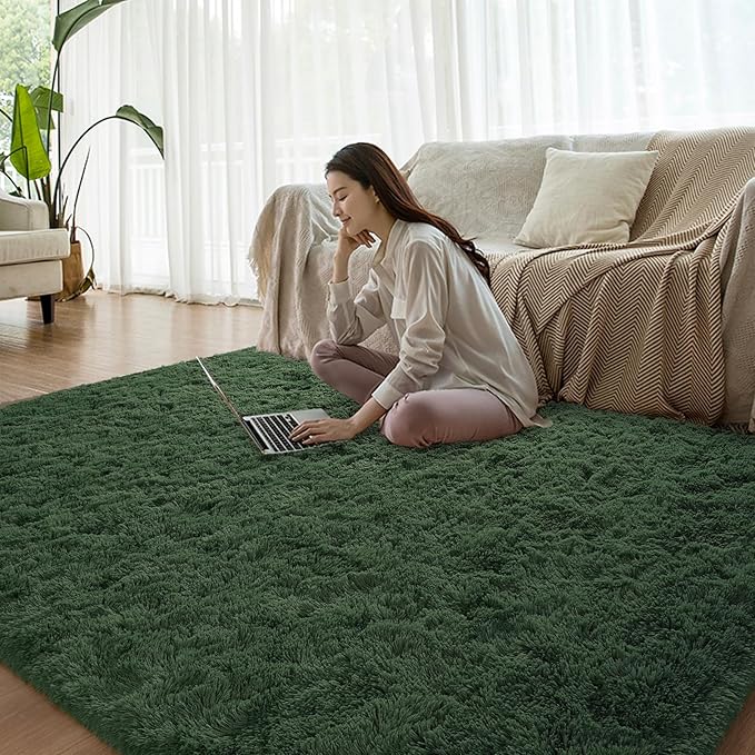 Deep Green Runner Area Rugs for Bedroom Living Room, 2x4 Feet Fluffy Bedside Rugs, Soft Shaggy Carpet Rug for Kids Room Nursery, Furry Cute Rugs for Girls Boys Dorm Room Home Decor