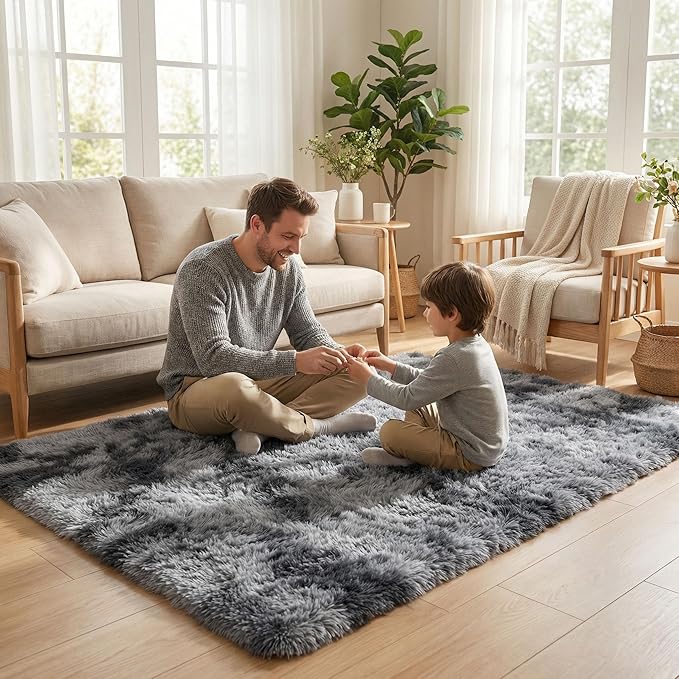 duduta Grey Plush Rugs for Bedroom 4x6 ft, Gray Fluffy Carpet for Living Room, Shag Rug for Kids Room Dorm Nursery Playroom