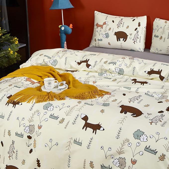 CLOTHKNOW Kids Queen Comforter Set 3Pcs Yellow Animal Bedding Comforter Sets Fox Woodland Forest Comforter with 2 x Pillow Cases
