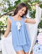 Ekouaer Women's Pajamas Sets 2 Piece Bow Bridal Pajama Cute Tank Top and Shorts Pjs Soft Ruffle Sleepwear XS-2XL