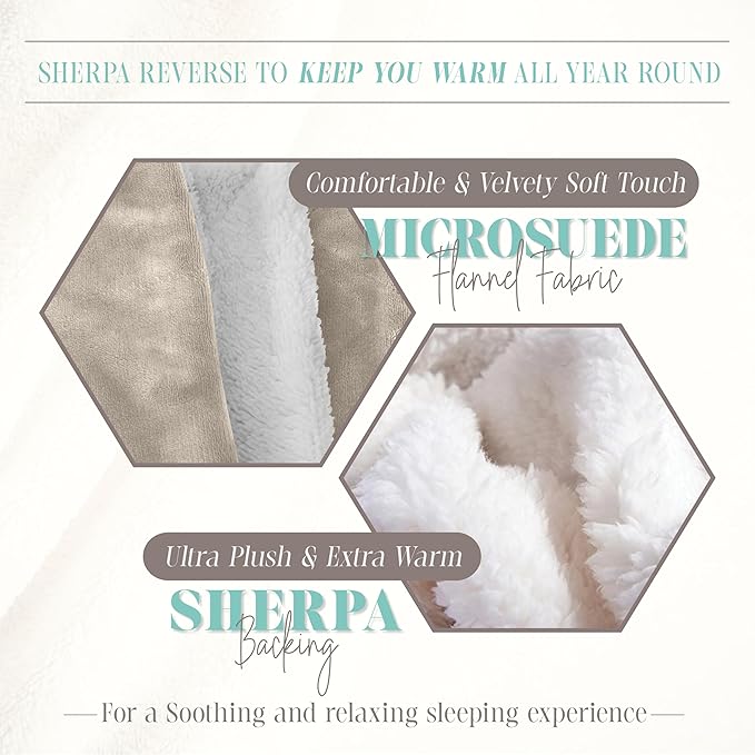 Elegant Comfort Throw Blanket, Reversible Sherpa Flannel, Ultra-Soft, Fuzzy, Cozy and Plush- All Season Lightweight Decorative Throw, 50 x 60 inches, Solid Sherpa Throw, Cream