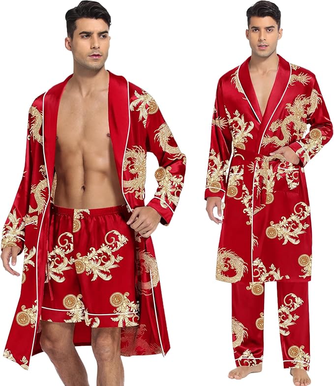 SWOMOG Men's Satin Robe 3 Pcs Silky Kimono Bathrobe Set Lightweight Soft Loungewear Nightwear