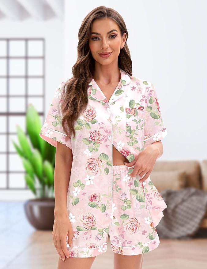 EPLAZA Silk Pajamas for Women Satin Pajamas Set 5 Pcs Long Sleeve Print Pattern Button Down Pjs Sleepwear Loungewear Set
