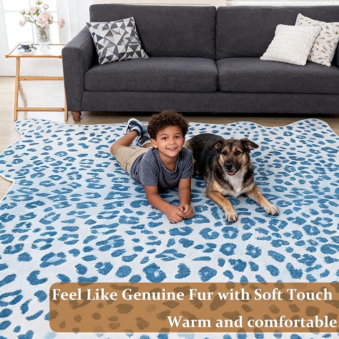 Leopard Rug, Cheetah Print Area Rug 5.2x6.5 Feet Faux Animal Print Skin Carpet for Living Room Bedroom Home Decor (Blue)