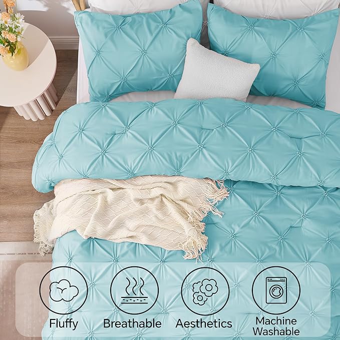 BEDELITE Macaron Blue King Size Comforter Set - 3 Pieces Boho Pintuck Bedding Comforter Sets, Lightweight Soft & Warm King Bedding Set with 2 Pillowcases for All Season
