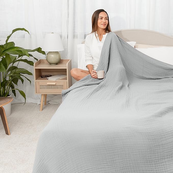 Comfy Cubs Muslin Blanket for Adults Queen 90" x 90" - 6 Layer Soft, Breathable & Lightweight Muslin Adult Blanket - Machine Washable & Designed in The US Bedding for All Seasons - Heather Blue
