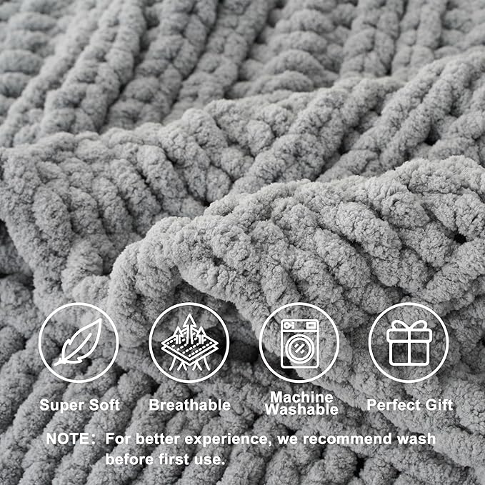 Battilo Light Grey Chunky Knit Throw Blanket for Couch, Thick Warm Cozy Soft Chenille Throw Blanket, Handmade Cable Knit Blanket for Sofa,Bed, Living Room, 50"x60"