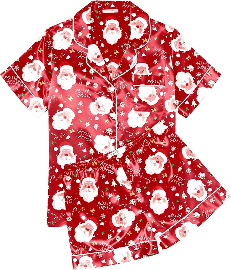Ekouaer Womens Silk Satin Pajama Sets Soft Short Sleeve Button Down Sleepwear Top and Shorts 2 Piece Pjs Lounge Set