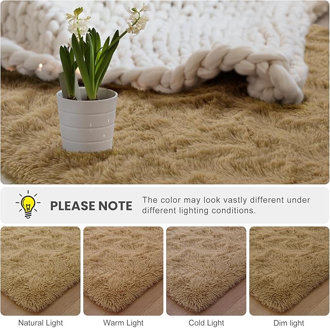 Macgace Fluffy Area Rugs for Bedroom Decor Aesthetic, 4x6 Beige Shag Rug with Non-Slip Dots for Living Room, Fuzzy Plush Carpet Washable Rug Modern Home Decor for Kids Nursery Girls Room Office