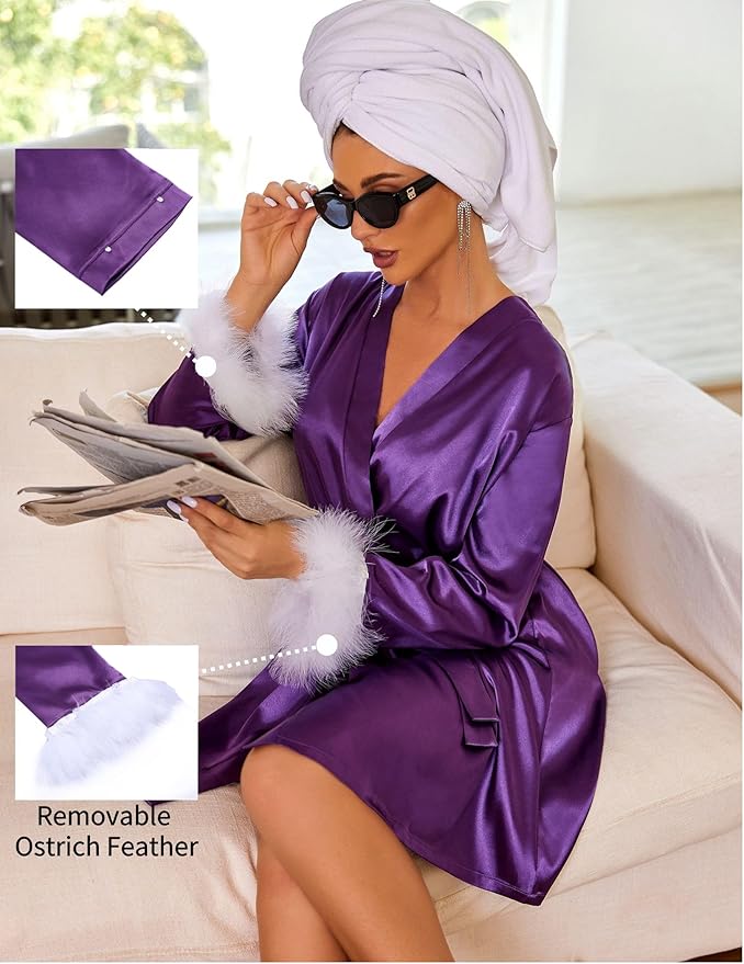 Ekouaer Women's Satin Robe Short Bridesmaid Bride Feather Bridal Robe Kimono Silky Long Sleeve Bathrobe S-XXL