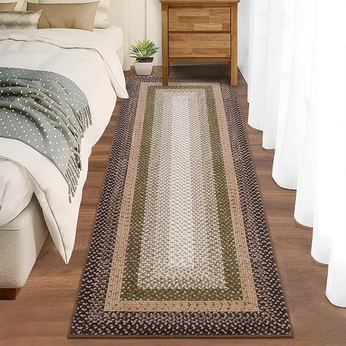 RUGSREAL 2x10 Long Hallway Runner Rug Braided Print Area Rug Runner Non Slip Kitchen Runner Mat Washable Rug Farmhouse Carpet Rustic Accent Area Rug for Living Room Bedroom Bathroom, Moss/Brown