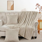 Striped Throw Blanket and Pillow Covers Set (No Inserts) for Couch and Bed, Plush Warm Lightweight Fuzzy Faux Fur Blanket for All Seasons (60" x 80", Oatmeal)