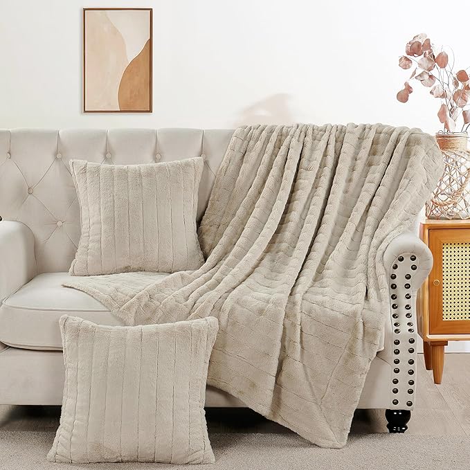 Striped Throw Blanket and Pillow Covers Set (No Inserts) for Couch and Bed, Plush Warm Lightweight Fuzzy Faux Fur Blanket for All Seasons (60" x 80", Oatmeal)