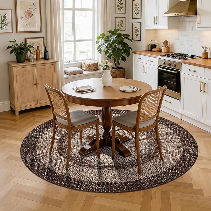 Modern Bordered Round Area Rug 4ft Washable Bedroom Circle Rugs Non Slip Stain Resistant Dining Room Round Throw Carpet Contemporary Circle Mats for Living Room Kitchen Nursery, Brown