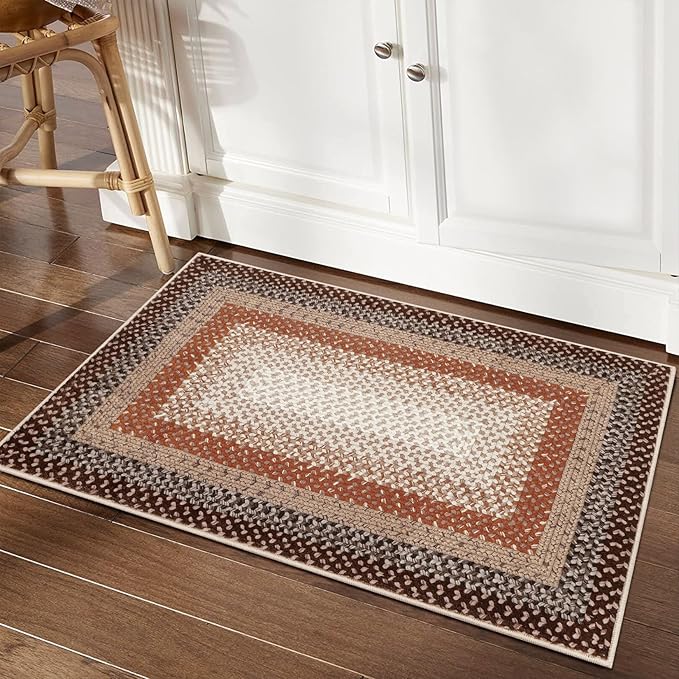 RUGSREAL Entryway Area Rug 2x3 Small Machine Washable Bedroom Rug Non Slip Bathroom Mat Stain Resistant Kitchen Rug Farmhouse Carpet Modern Rustic Area Rug for Living Room Dining Room, Brown/Rust