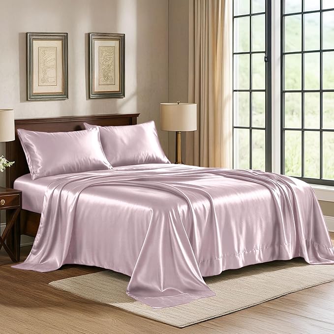 Satin Sheets King [4-Piece, Champagne Pink] Hotel Luxury Silky Bed Sheets - Extra Soft 1800 Microfiber Sheet Set, Wrinkle, Fade, Stain Resistant - Deep Pocket Fitted Sheet, Flat Sheet, Pillow Cases