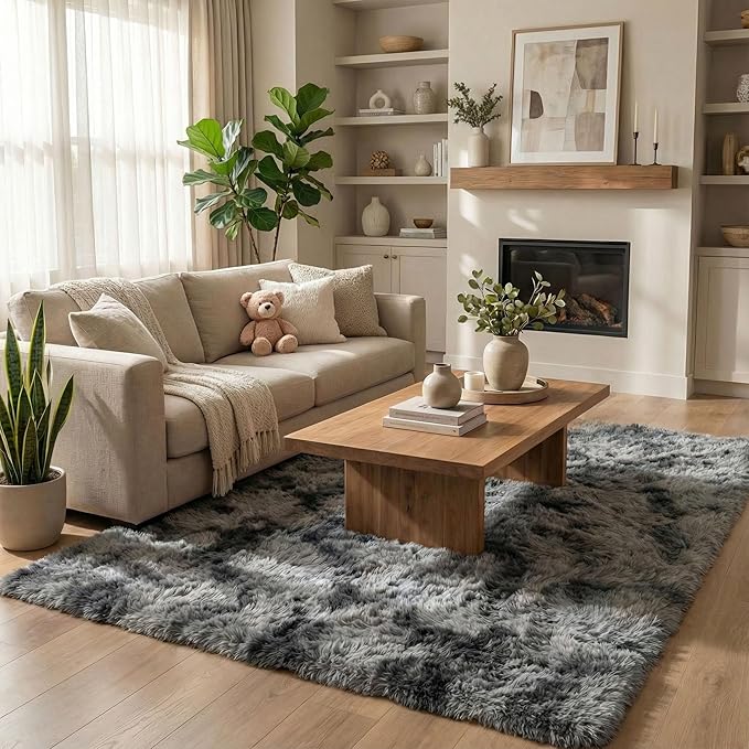 duduta Grey Plush Area Rugs for Bedroom 5x8 ft, Fluffy Carpet for Living Room Kids Room, Large Shag Dorm Rug, Washable Non Slip