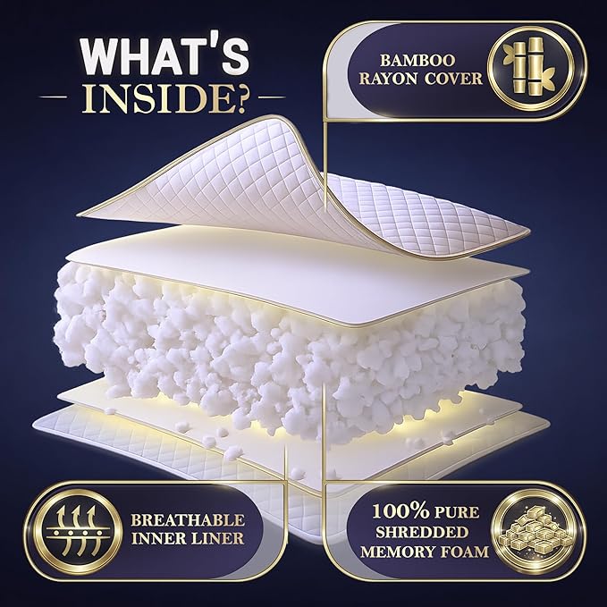 Royal Therapy 2-Pack King Size Pillows, Shredded Memory Foam Pillow - Bed Pillow, Hypoallergenic Bamboo-Derived Rayon Cover, Breathable, CertiPUR-US Certified, Removable Cover, Neck Pain Relief