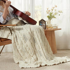 Amélie Home Chunky Knit Throw Blanket, Dual-Sided Soft Chenille Breathable Cable Knitted Blanket for Couch, Farmhouse Decorative Throw for Sofa & Chair, 50"x60", Ivory
