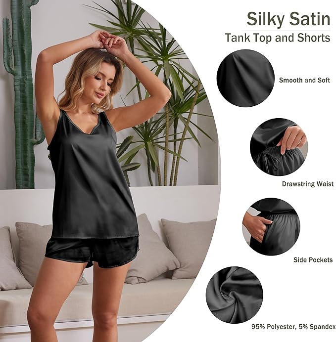 MOYEE Women Silk Pajama Set Soft Satin V Neck Tank Top and Shorts 2 Piece lounge Sets with Pockets