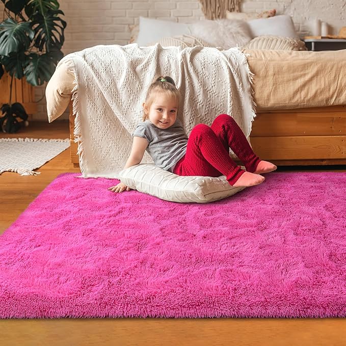 Softlife Hot Pink Area Rug for Living Room, Fluffy Shag Plush 5.3x7.6 Rugs for Bedroom Girls, Shaggy Soft Fuzzy Kids Large Carpet for Dorm Bedside Ultra Cozy Non-Slip Indoor Decor