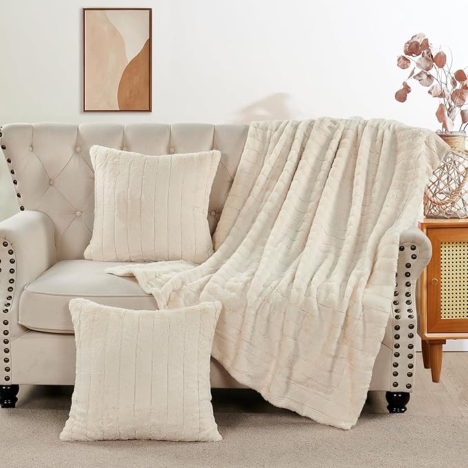 Striped Throw Blanket and Pillow Covers Set (No Inserts) for Couch and Bed, Plush Warm Lightweight Fuzzy Faux Fur Blanket for All Seasons (50" x 60", Cream)