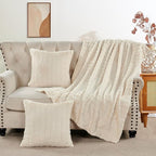 Striped Throw Blanket and Pillow Covers Set (No Inserts) for Couch and Bed, Plush Warm Lightweight Fuzzy Faux Fur Blanket for All Seasons (50" x 60", Cream)