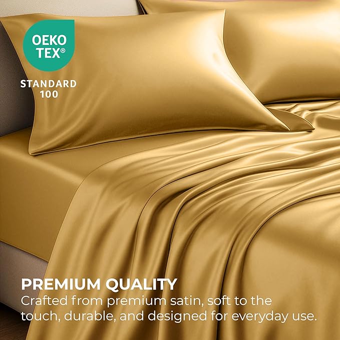 Satin Sheets King [4-Piece, Gold] Hotel Luxury Silky Bed Sheets - Extra Soft 1800 Microfiber Sheet Set, Wrinkle, Fade, Stain Resistant - Deep Pocket Fitted Sheet, Flat Sheet, Pillow Cases