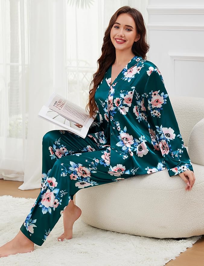 SWOMOG Long Sleeve Pajamas Set Silk Satin Sleepwear Button Down Pjs Loungewear with Pocket