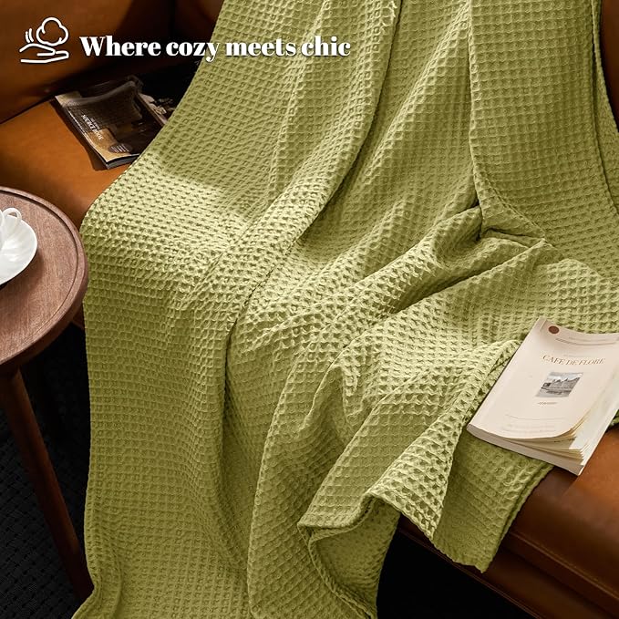 PHF Ultra Soft Waffle Weave Blanket Queen Size 90"x 90"- Washed Lightweight Breathable Cozy Woven Blanket for Bed - Aesthetic Decor for Couch Bedding Sofa Home Car - Olive Green